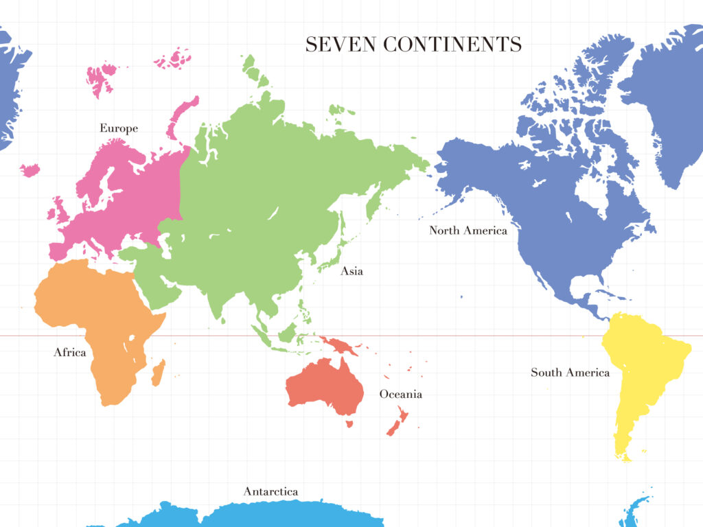 世界地図と7つの大陸のカラフルなイラスト