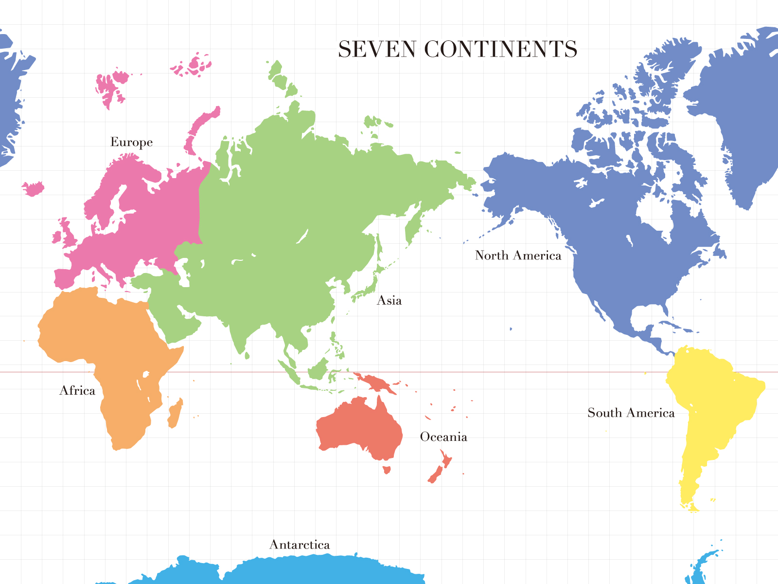 世界地図と7つの大陸のカラフルなイラスト