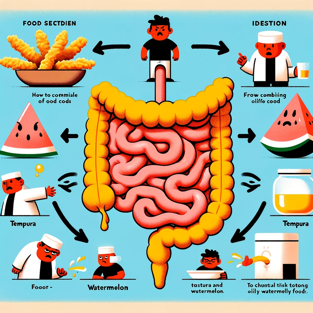 消化と食べ合わせの影響を説明するカートゥーンイラスト
