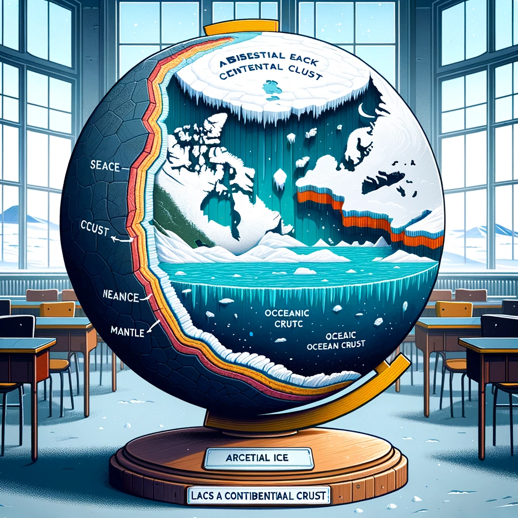 北極地域の大陸地殻の欠如を示す地球の断面図イラスト