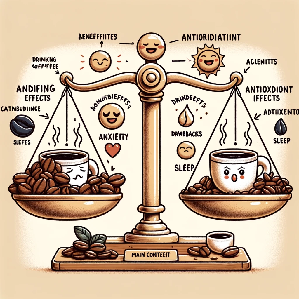 コーヒー摂取のバランスを描いたイラスト、警戒心と抗酸化物質の利点と不安や睡眠問題のデメリット