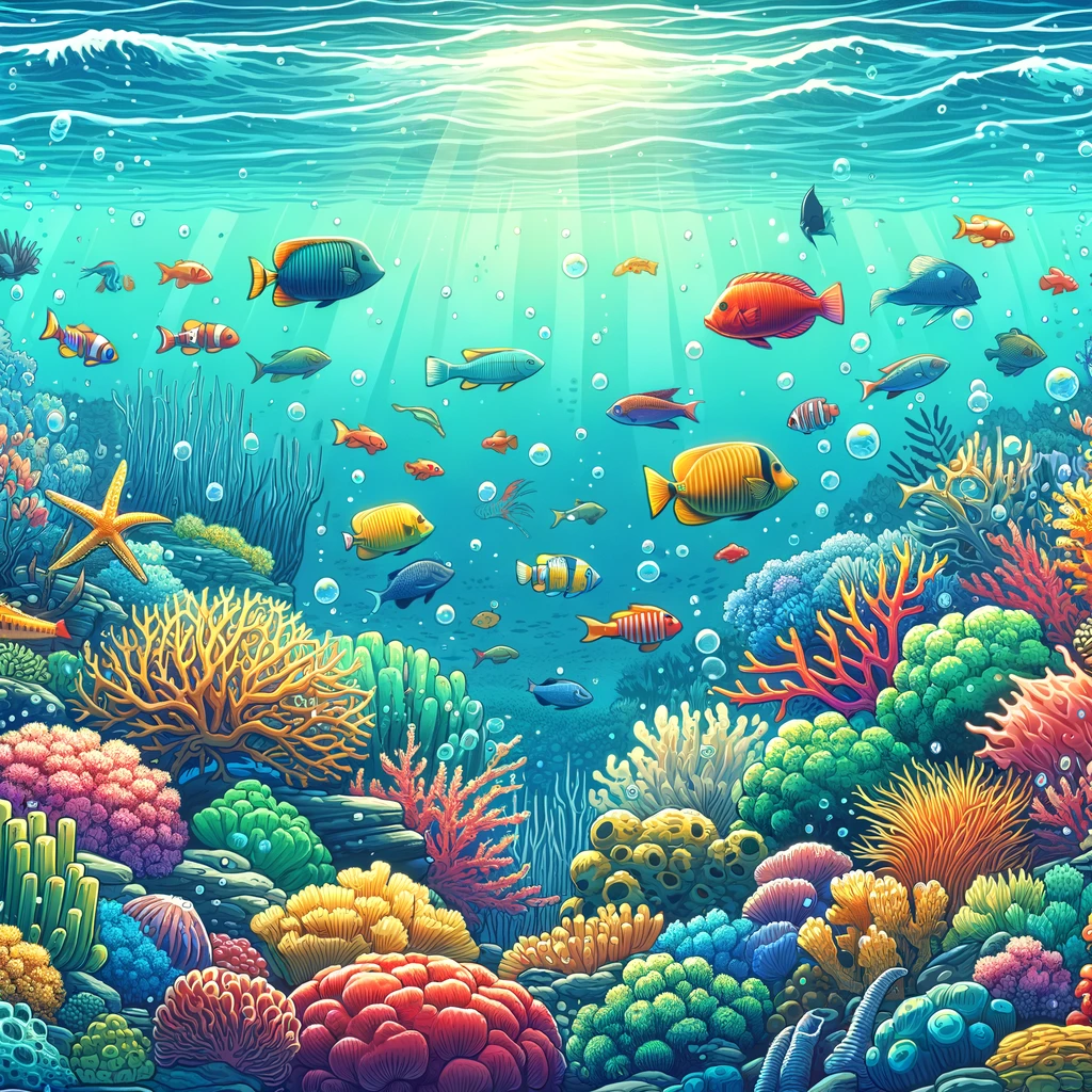 サンゴ礁と海洋生物の生物多様性を描いた水中シーン