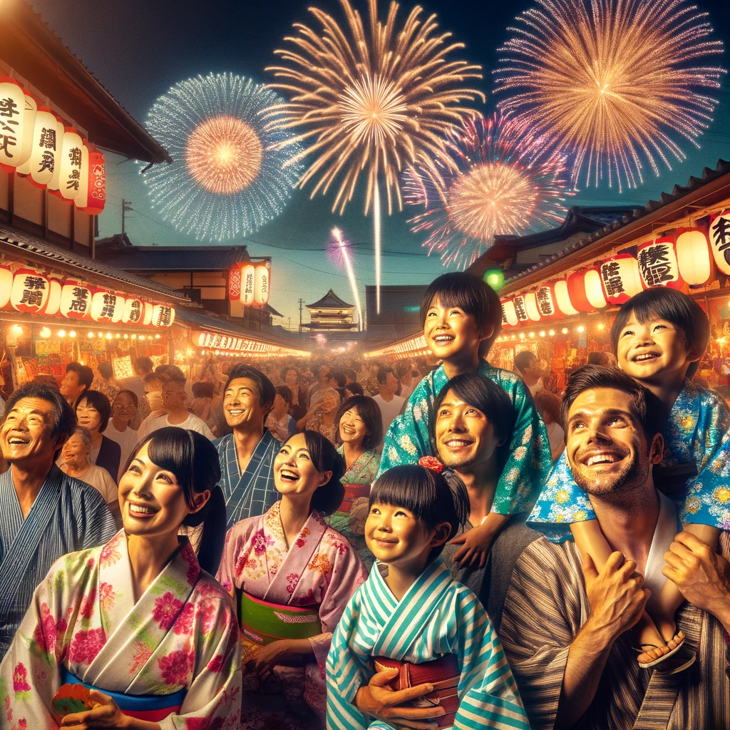 日本の夏祭りで花火を楽しむ人々