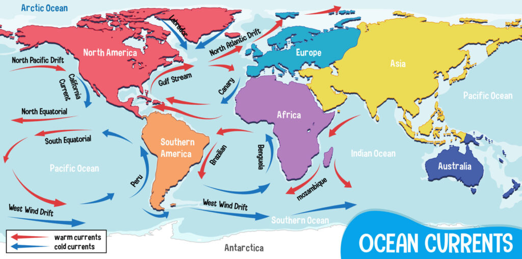 世界地図、各大陸と各大洋の名前が記載されている