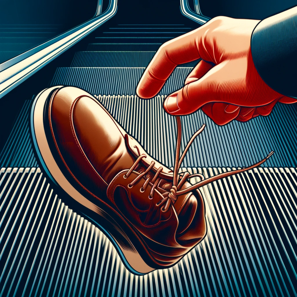 エスカレーターの上で男性が靴紐を持っています、エスカレーターと靴紐の関係をイメージさせるイラストです。