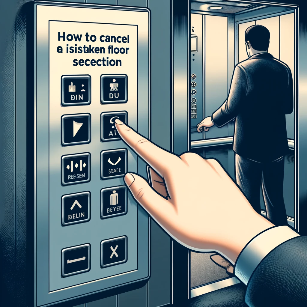 エレベーター内で間違えた階をキャンセルする正しいボタンの組み合わせを押している人物を描いた情報的なイラスト
