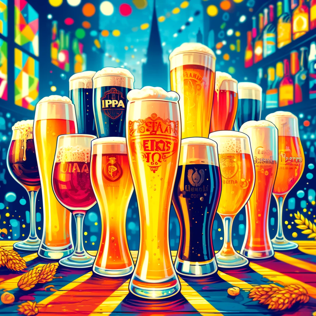 様々なビールの種類を異なるグラスで描いた、バーの背景を持つ鮮やかでカラフルなイラスト。