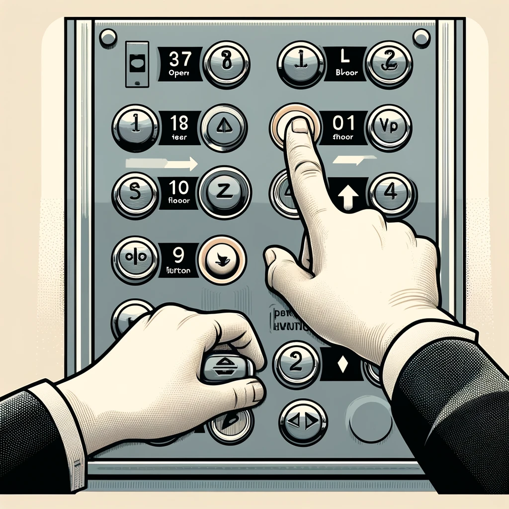 エレベーターのコントロールパネルをクローズアップで描いた情報的なイラスト。複数のボタンがあり、人物の手が間違った階選択をキャンセルする特定のボタンシーケンスを押している様子が示されている。キャンセルプロセスを誘導する視覚的な手がかりが含まれており、教育的で理解しやすい。