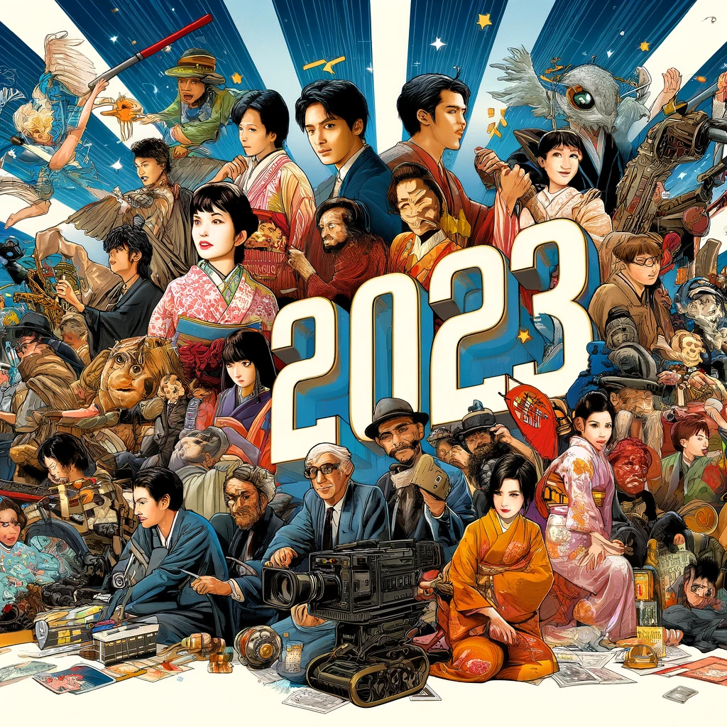 2023年の日本映画界の魅力を表現したイラスト。中央に「2023」と強調表示し、様々なジャンルの俳優たちが活躍するシーン。