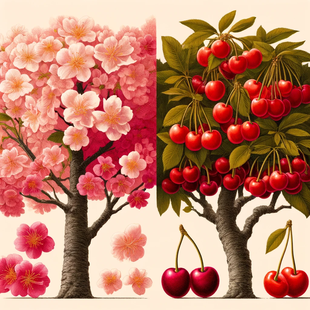 飾り用の桜の花と食用のさくらんぼが実る桜の木を描いたイラスト。日本の桜の異なる用途と種類を視覚的に表現し、観賞用の桜と食用のさくらんぼのつながりを示しています。