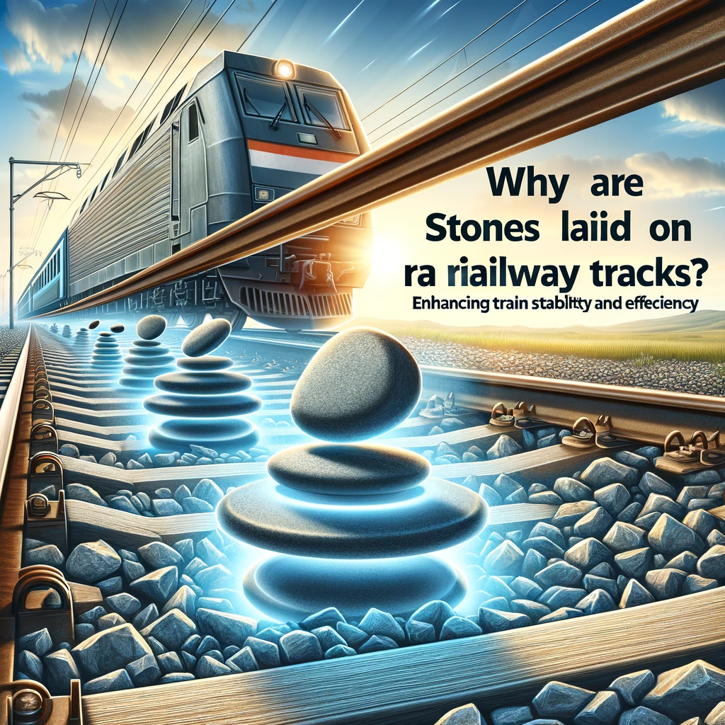 列車が動いているシーンを描いたイラストで、線路の下と周りに敷かれた石（バラスト）が鉄道の安定性を保つ役割を強調している
