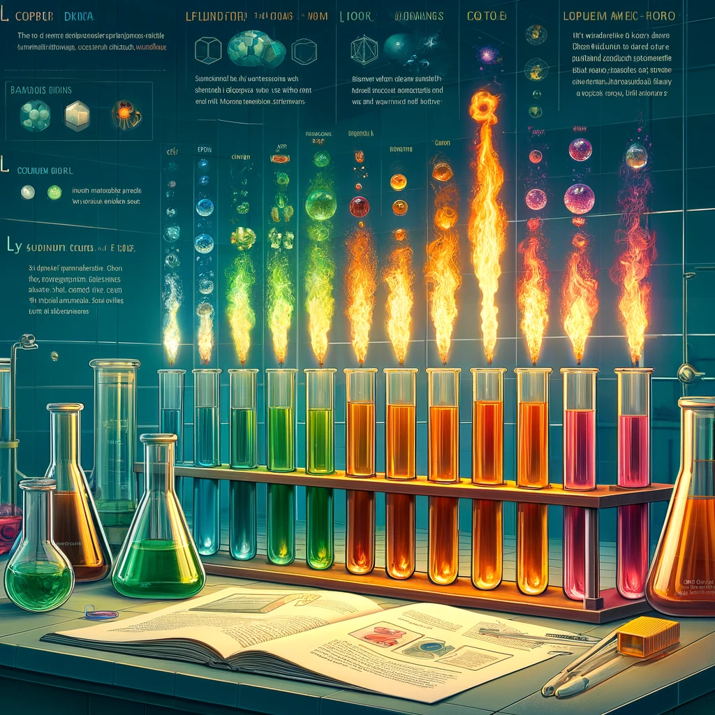 点火時にユニークな炎の色を生み出す異なる化学物質を含む試験管の一連を描いた情報的なイラスト。各試験管の横には化学物質とその結果としての炎の色を説明するラベルがあり、ラボ環境は教育的で明確である