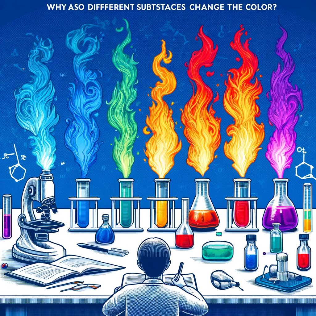 異なる化学物質が生み出す様々な色の炎を実験している科学者を描いた教育的で視覚的に魅力的なラボの設定。炎の色の化学に焦点を当てている