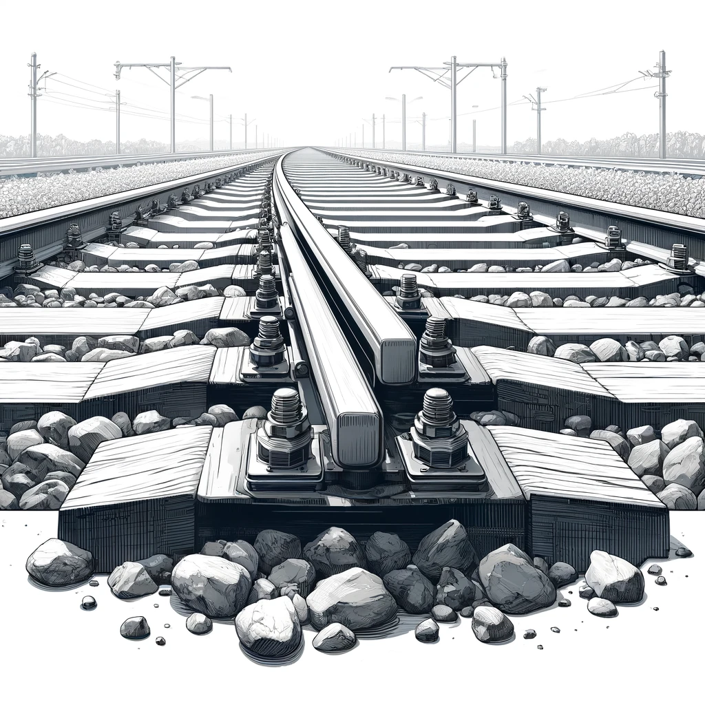 鉄道トラックのセクションを描いたクリアでストレートフォワードなイラストで、バラスト（石）、枕木、レールの詳細が強調されている。テキストやラベルは含まれず、これらのコンポーネントの配置と鉄道の安定性への貢献が視覚的に示されている。設定は完全にビジュアルで、鉄道建設に使用される層と材料が機能的重要性を理解しやすく展示している