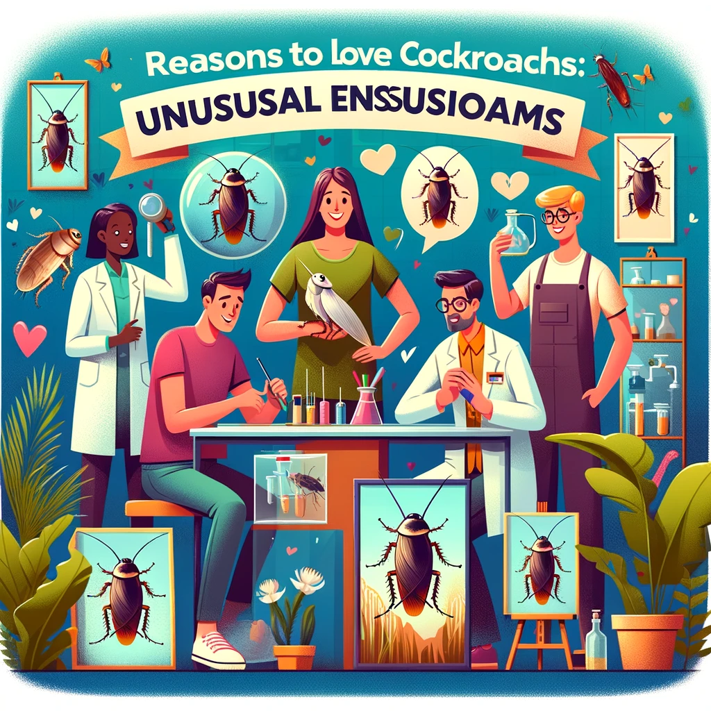 ゴキブリに対する肯定的な関与を示す多様な人々を描いたカラフルで陽気なイラスト。科学者、ペットオーナー、アーティストがゴキブリとの異なるやり取りをしている