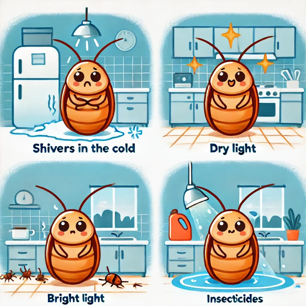 ゴキブリの弱点：寒さに震えるゴキブリ、乾燥した環境で不快そうなゴキブリ、明るい光を避けるゴキブリ、殺虫剤に影響を受けるゴキブリ