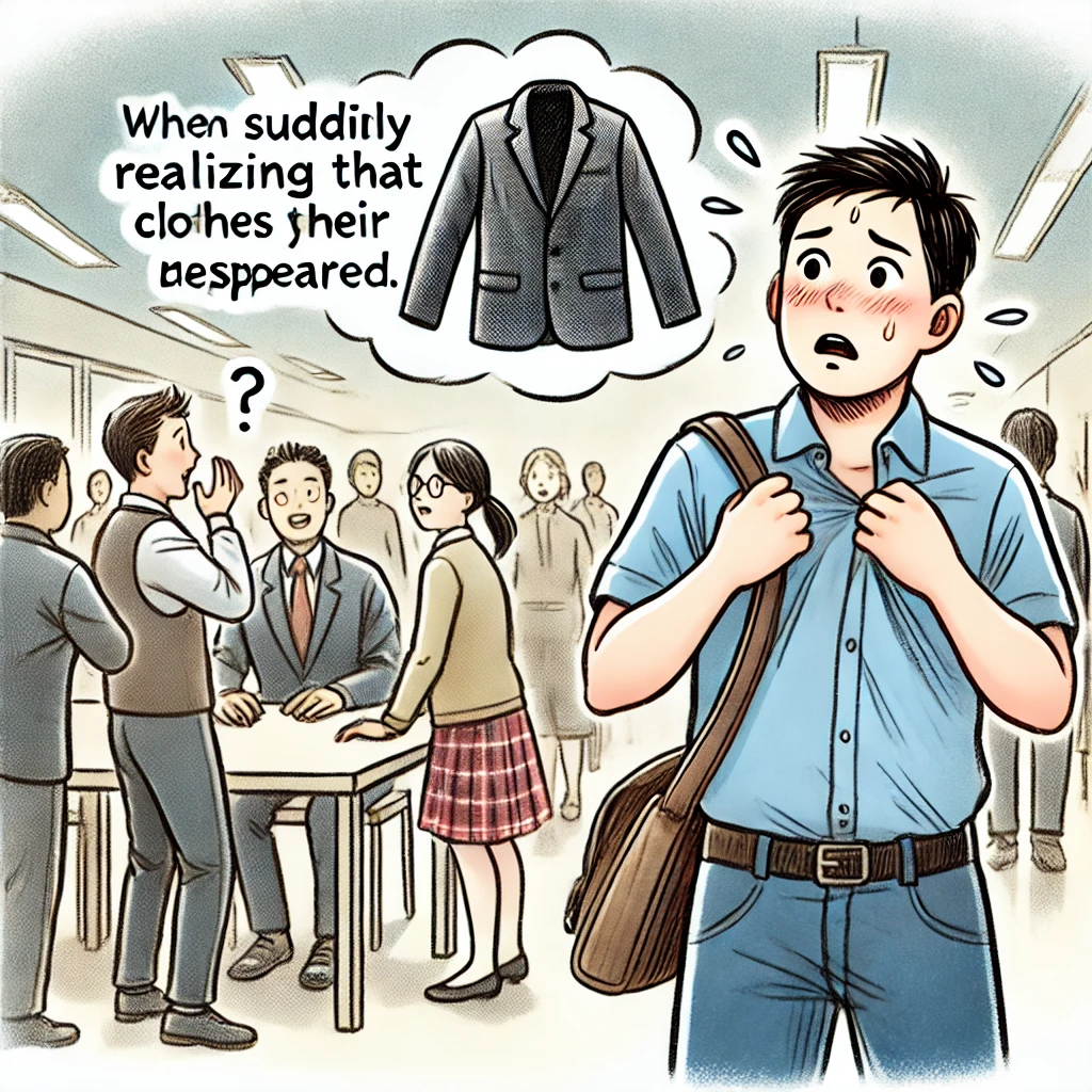 公共の場で服が消えてしまい、驚きと恥ずかしさを感じている人物を描いたイラスト。