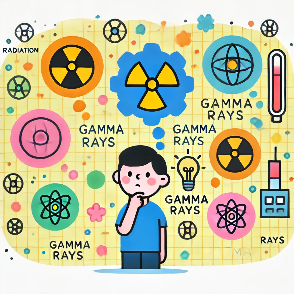 子供が考え事をしているシーンで、周囲にガンマ線を象徴する放射能マークのシンボルが配置されています。カラフルで子供向けに理解しやすいデザインです。