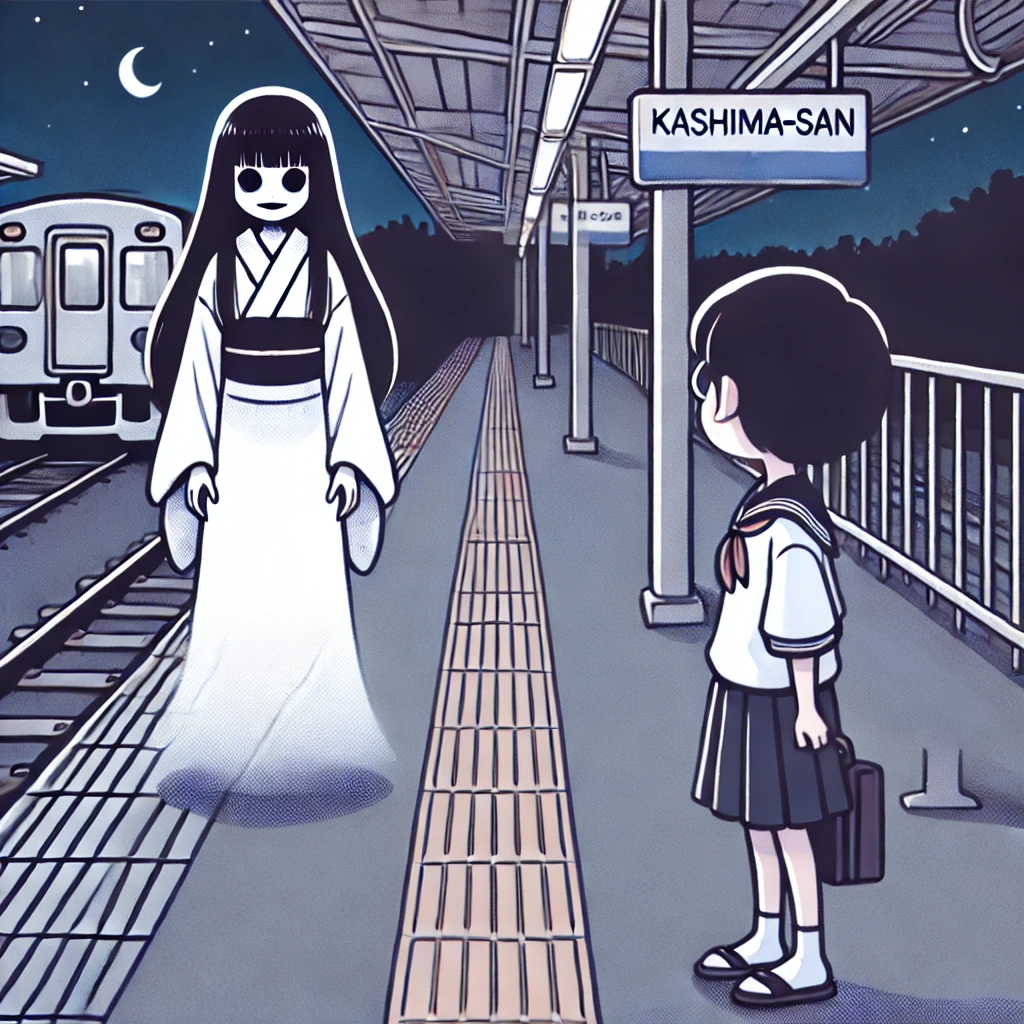 カシマさん、白いドレスを着た長い黒髪の幽霊の女性が、夜の無人の駅のホームで電車を待つ恐怖に怯えたティーンエイジャーに近づいているシーンを描いたもの。