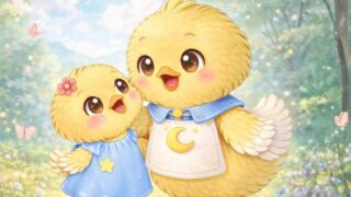 親子のヒヨコが森の中にいる。いろんな花に囲まれてる。