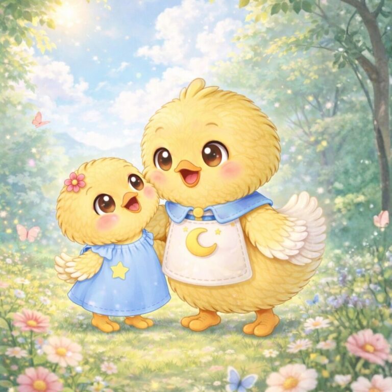 親子のヒヨコが森の中にいる。いろんな花に囲まれてる。