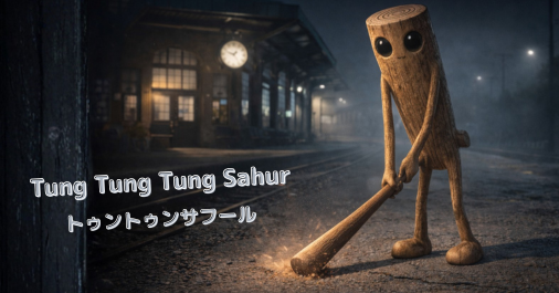 夜の古い駅の前で、細長い体と大きな目を持つ不気味な木のキャラクターがバットで地面をたたいているトゥントゥンサフール風のイラスト