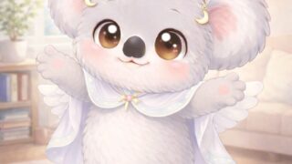 室内のやさしい日常空間で、白いふわふわのコアラのキャラクターが三日月のイヤリングと淡いマント姿のまま両手を広げて微笑んでいる
