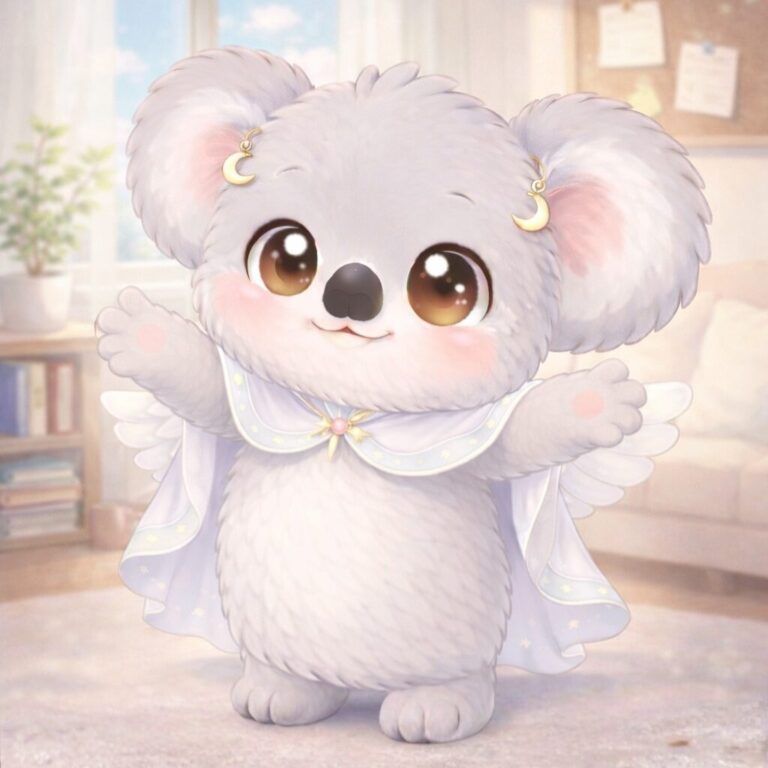 室内のやさしい日常空間で、白いふわふわのコアラのキャラクターが三日月のイヤリングと淡いマント姿のまま両手を広げて微笑んでいる