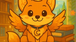 中央にキツネが座ってこちらを見ている画像。周りには本がたくさんある。