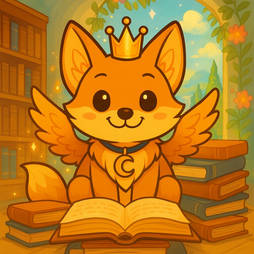 中央にキツネが座ってこちらを見ている画像。周りには本がたくさんある。