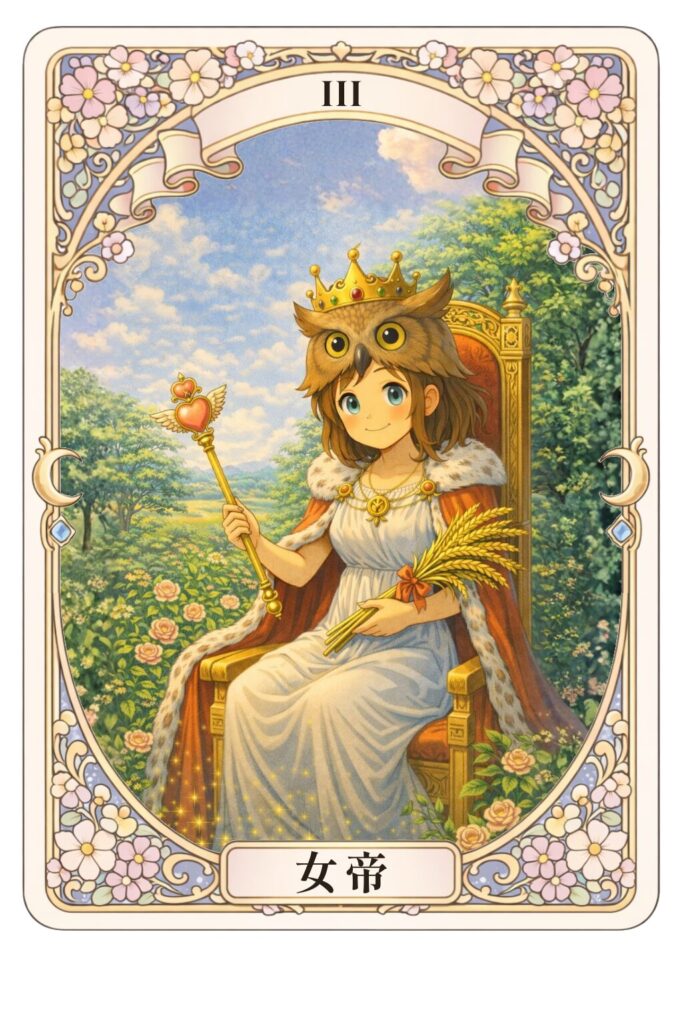 女帝のタロットカード。フクロウ帽子の少女が王冠をかぶり、豊かな自然の中で玉座に座っているイラスト