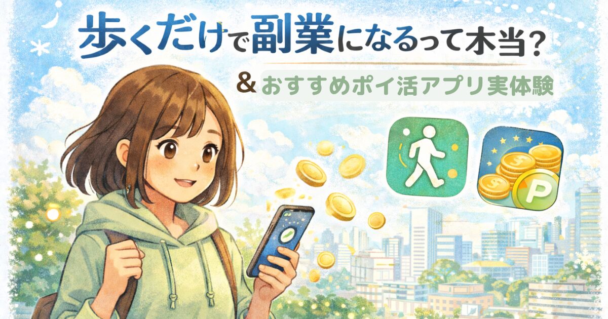 歩くだけで副業になるポイ活アプリ体験を紹介するイラスト