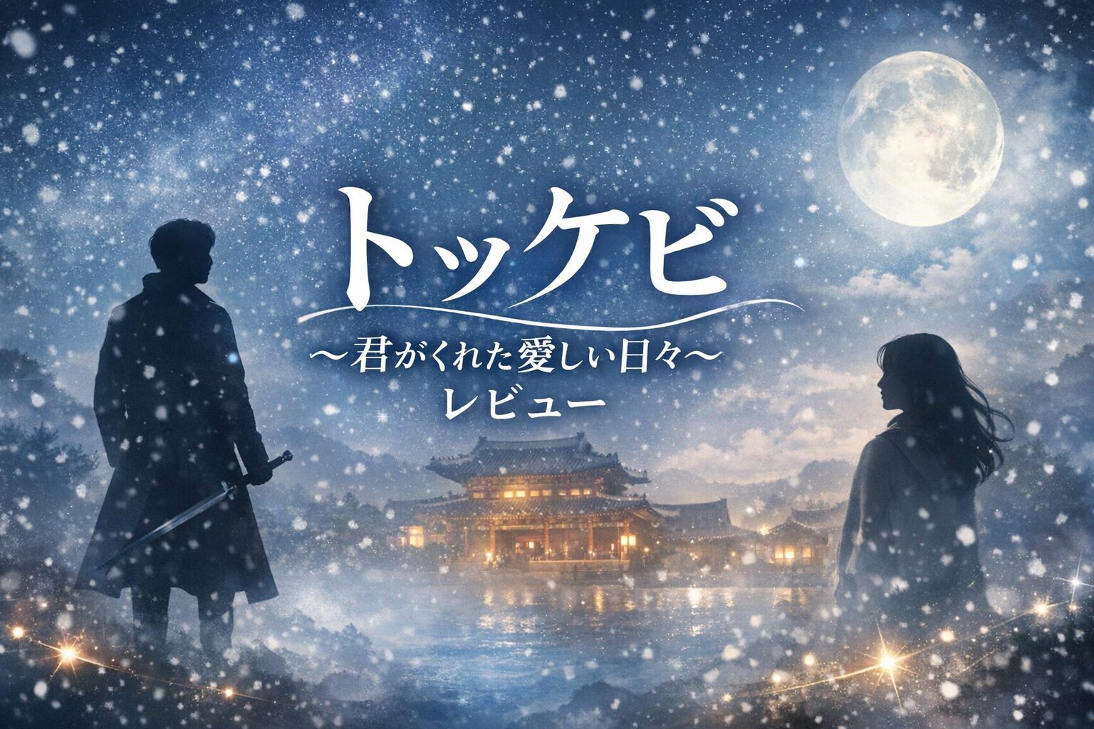 韓国ドラマ『トッケビ〜君がくれた愛しい日々〜』のレビュー記事用アイキャッチ。雪が舞う夜の風景に、剣を持つ男性と女性のシルエットが向かい合う幻想的なビジュアル。