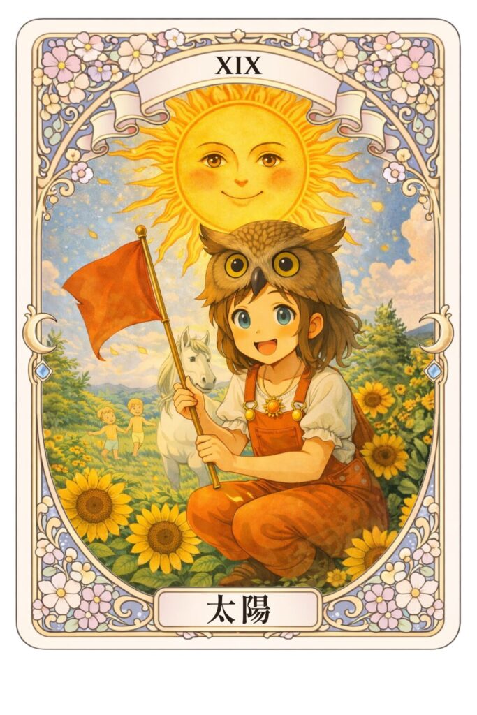 太陽のタロットカード。フクロウ帽子の少女がひまわり畑で旗を持ち、明るい太陽が輝くイラスト