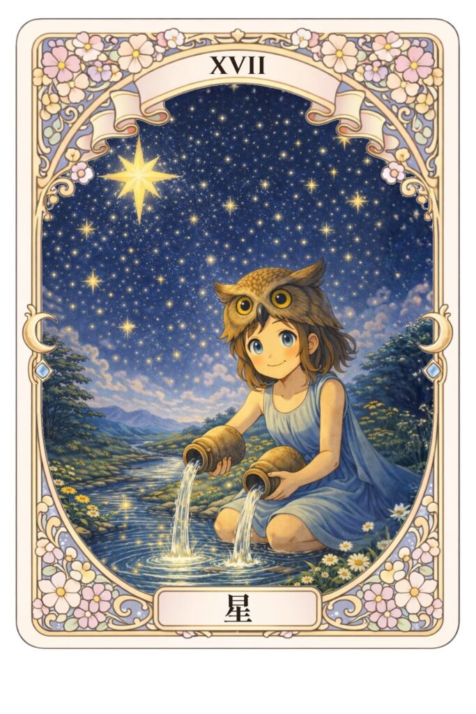 星のタロットカード。フクロウ帽子の少女が夜空の下で水を注ぎ、星が輝く幻想的なイラスト