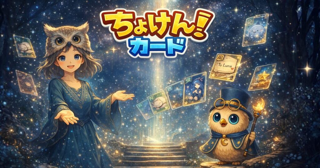 星空の中でルナとフウがちょけんカードを案内するイラスト