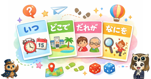 「いつ・どこで・だれが・なにを」をテーマにした参加型ゲームのイメージイラスト