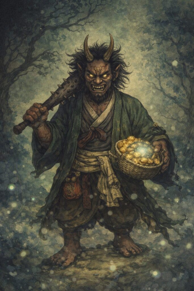 韓国の伝承に登場する妖怪「トッケビ」を描いたイラスト。角のある顔、金棒、金貨を持つ姿が幻想的な森の中に描かれている。