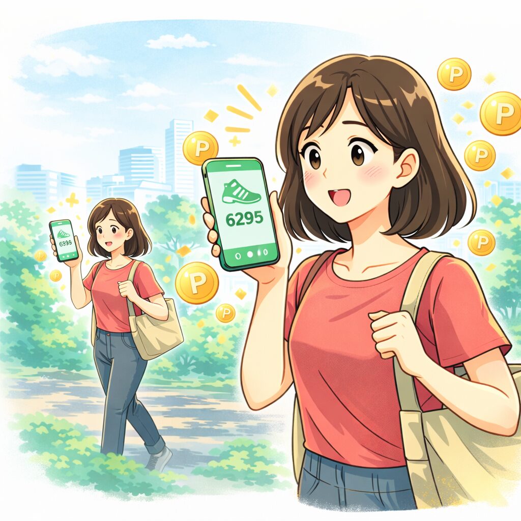スマホを持って歩きながら歩数アプリのポイント獲得画面を確認する女性のイラスト