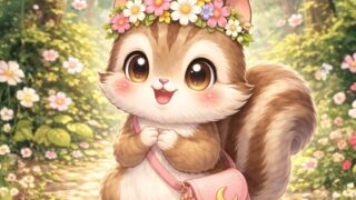 花冠をつけた可愛いリスの女の子が月モチーフのピンクバッグを斜め掛けして森の光の中に立っているイラスト