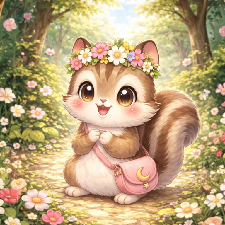 花冠をつけた可愛いリスの女の子が月モチーフのピンクバッグを斜め掛けして森の光の中に立っているイラスト