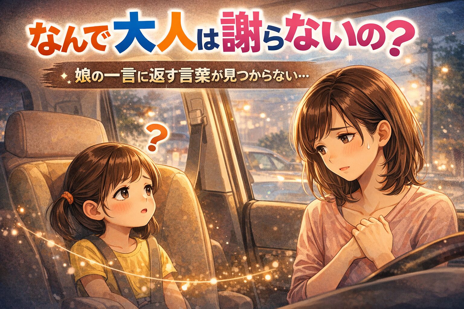 車の中で母親に問いかける娘と、答えに詰まる母の姿を描いたイラスト。大人の謝罪と親子の心の距離をテーマにしたアイキャッチ画像