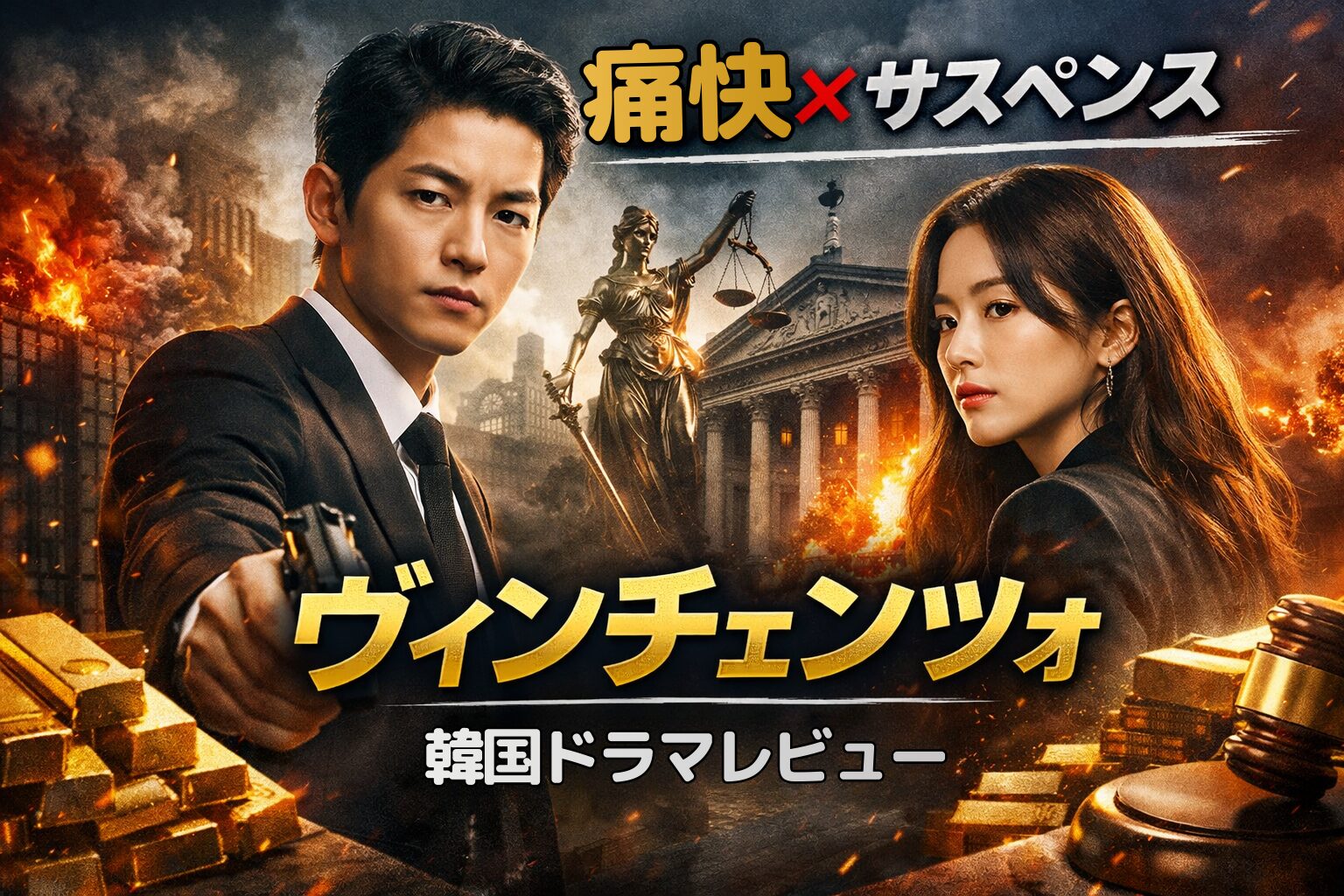 韓国ドラマヴィンチェンツォのレビュー用ビジュアル、法廷と炎を背景にした男女主人公のシリアスな対峙シーン
