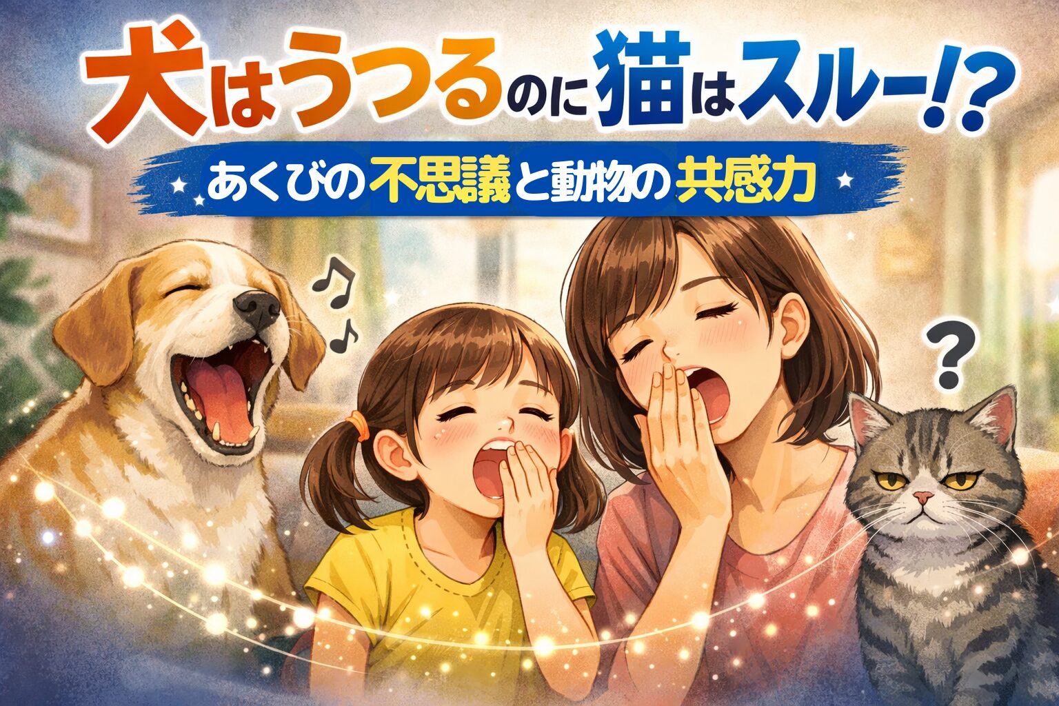 親子であくびがうつる様子と、あくびをする犬・無関心な猫を描いたイラスト。あくびと共感力の不思議を表現したアイキャッチ画像