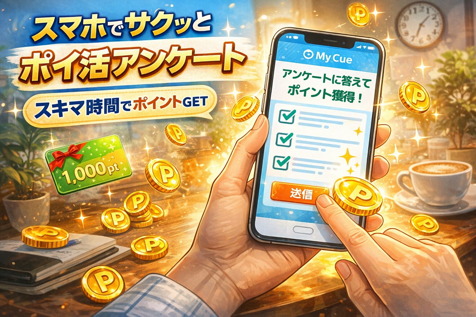 スマホでアンケートに回答してポイントを獲得するポイ活のイメージ、コインと1000ポイント表示がある画面