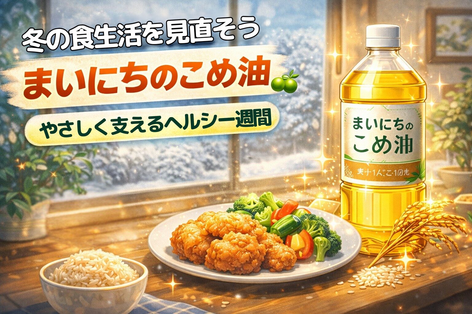 冬の食生活を見直すテーマで、まいにちのこめ油と揚げ物料理、玄米ごはんが並ぶ温かい食卓のイメージ