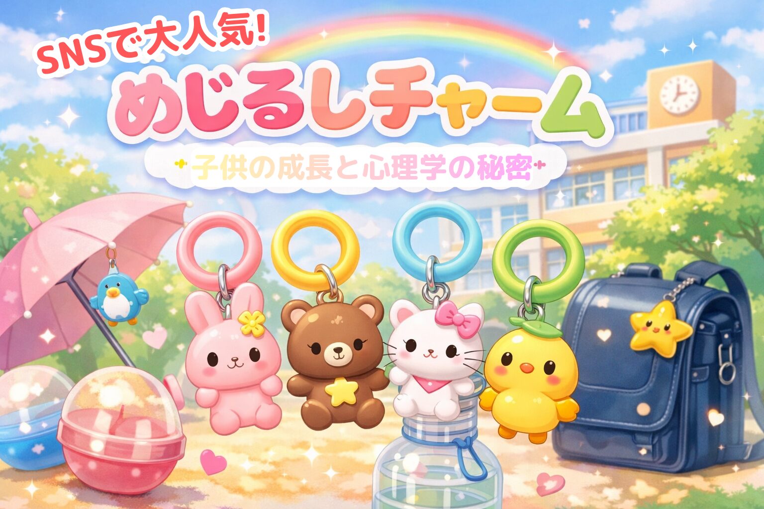 SNSで話題のめじるしチャームと小学生の持ち物、子供の成長をテーマにしたアイキャッチ画像