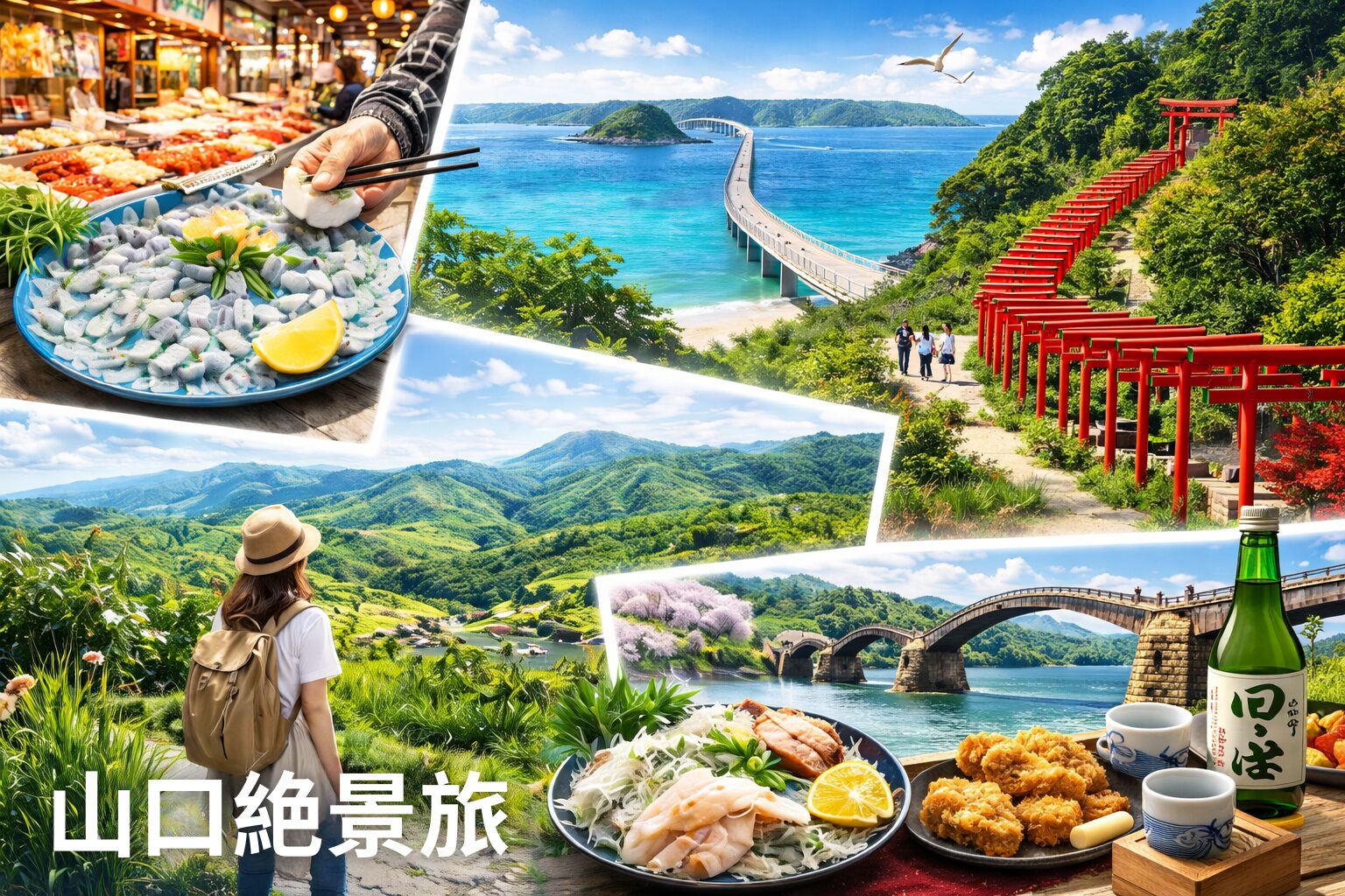 山口旅行の絶景スポットとふぐグルメのアイキャッチ画像。角島大橋、元乃隅神社、秋吉台、錦帯橋、唐戸市場のふぐ料理。