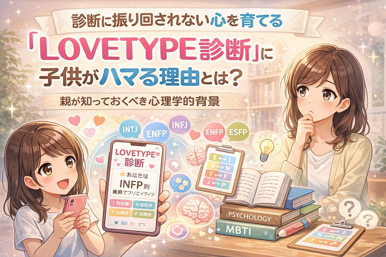 LOVETYPE診断をスマホで見る子供と心理学を考える母親のイメージ画像