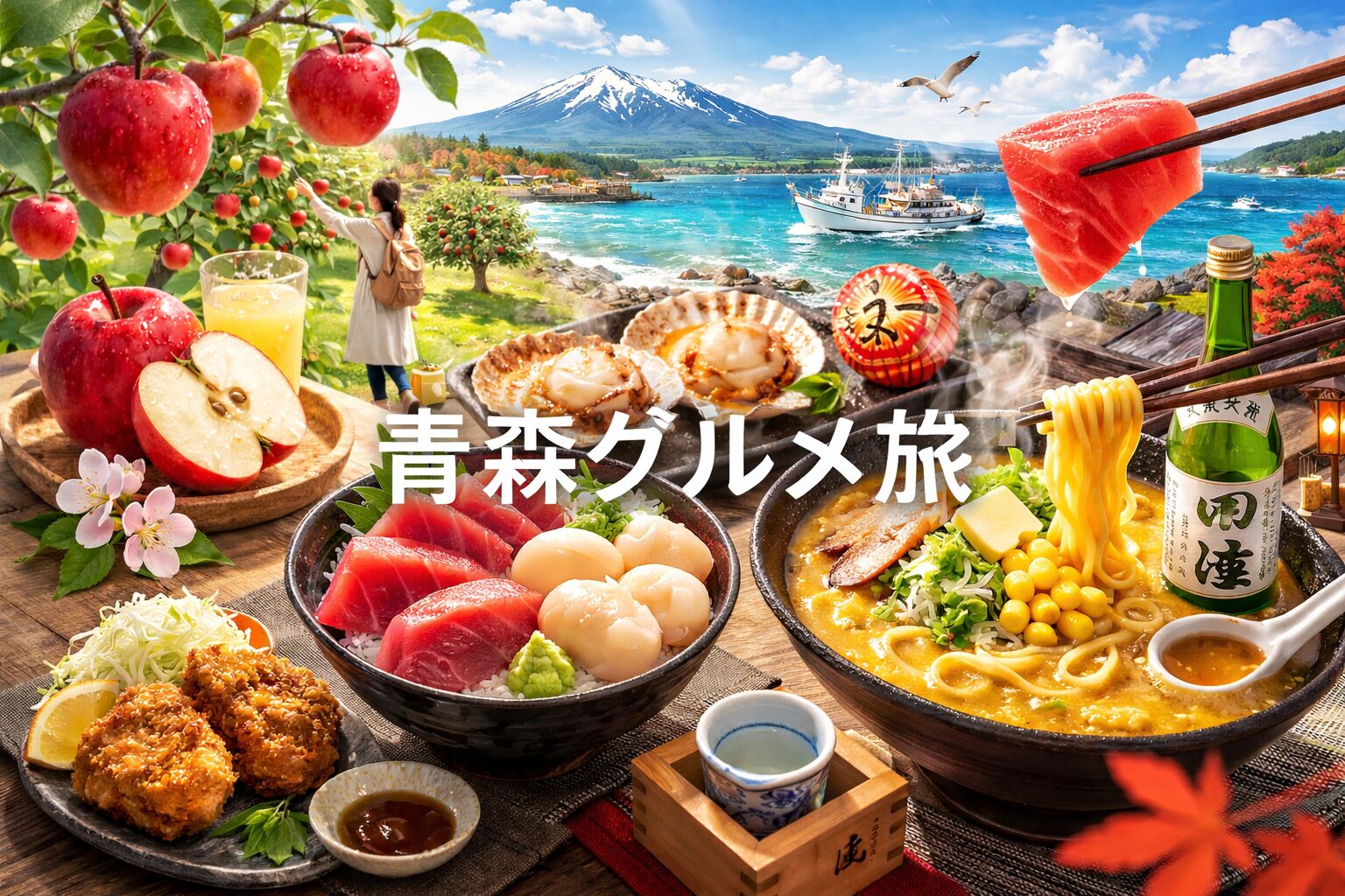青森旅行体験記のアイキャッチ画像。大間のマグロやホタテ、りんご狩り、みそカレー牛乳ラーメンなど青森グルメと絶景。